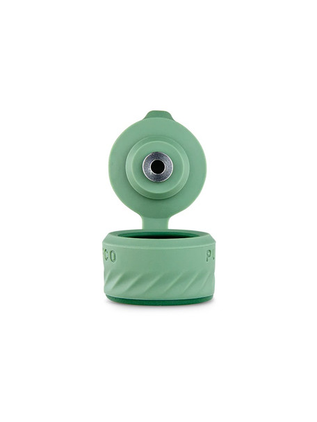 Open Flourish green Joystick Cap showing central airflow port and silicone rim; directional cap detail for retail smoke gear catalogs.