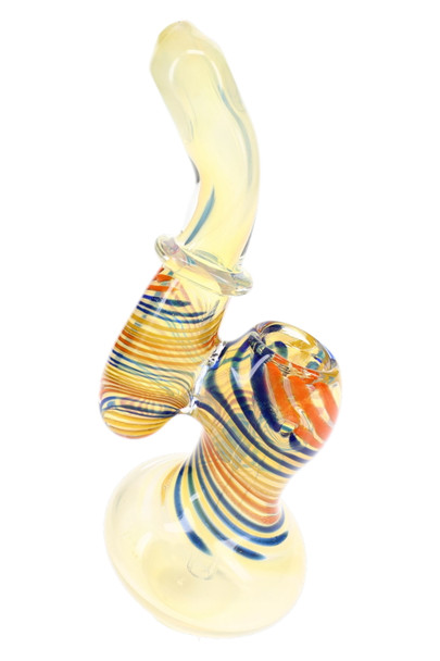6.5" color changing glass Sherlock bubbler with blue, orange and green stripes, marble accents and round base