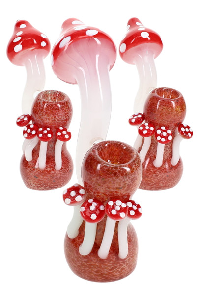 Wholesale 6-inch silver-fumed mushroom sherlock glass bubbler with color-changing frit cluster, group front view on white backdrop