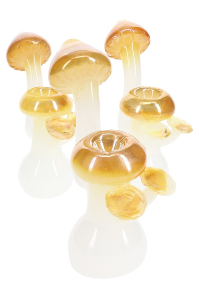 Wholesale 6-inch metallic-fumed mushroom sherlock glass bubbler showing sculpted cap bowl and color-changing finish, front angled product view.