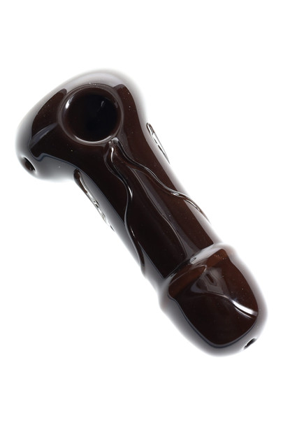 Overhead angle of 4" brown novelty spoon pipe highlighting curved body and bowl; compact glass hand pipe for wholesale inventory pages.