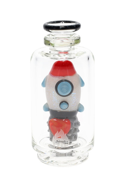 Bright white background front view of rocket ship insert with frosted glow texture; clear borosilicate chamber for wholesale listings.