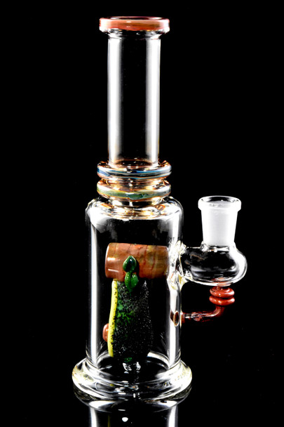 Studio shot on black of 7.5" Empire Glassworks avocado mini tube, stemless body and marbled joint; head-shop supply close view.