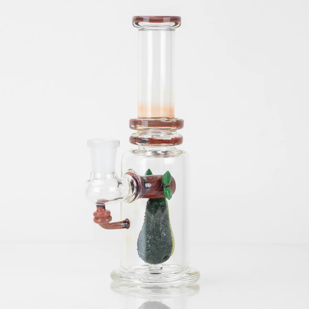 Left-side view on white with avocado backside texture and marbled mouthpiece rings; compact head-shop water pipe, 14.5 mm GoG joint.
