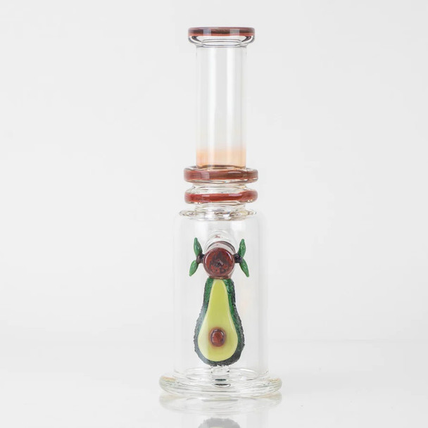 Full front view on white showing avocado halved side centered under logo marble; small stemless mini tube for retail smoke gear.