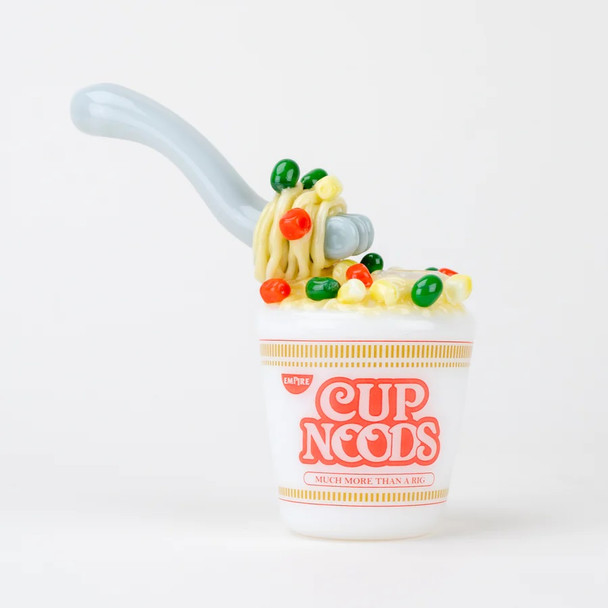 Clean white product view of 6.5" Empire Glassworks noodle cup rig, gray fork raised with noodles; head-shop supply image, compact stemless body. Clean white product view of 6.5" Empire Glassworks noodle cup rig, gray fork raised with noodles; head-shop supply image, compact stemless body.