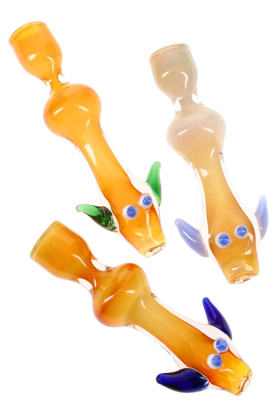 Fumed 4" glass critter chillums with blue eyes and green/blue wings; color-changing orange bodies, top-down studio view for head-shop wholesale listings.