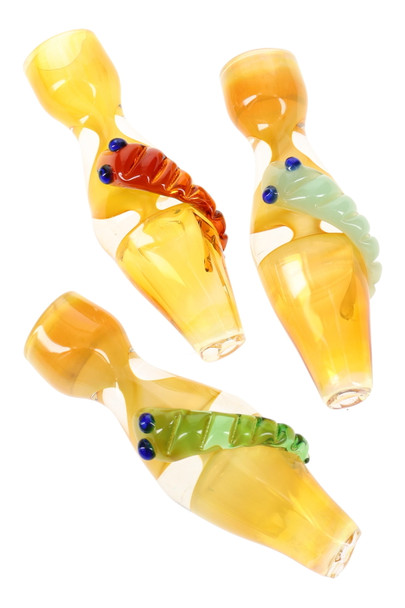 Angled view of three 3.5" gold-fumed chamber glass chillums with critter accents in red, mint, and green—assorted wholesale colors shown on white backdrop.
