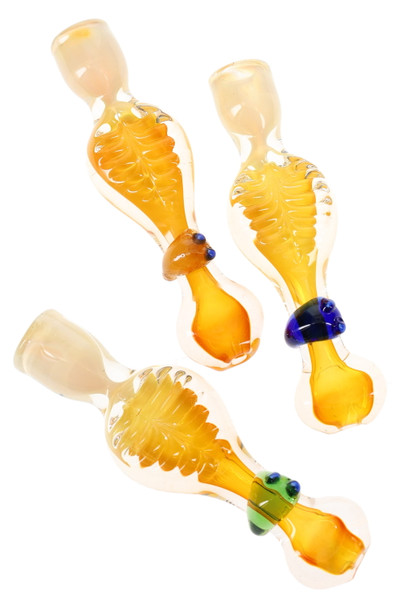 4" fumed color-changing critter glass chillums with ridged leaf detail; amber bodies with blue/green accents, wholesale head-shop trio on white.