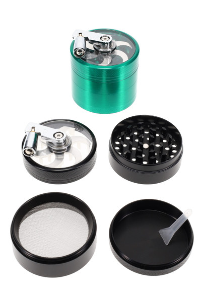 Green 55 mm 4-part zinc alloy metal hand crank grinder with window lid shown disassembled for smoke shop wholesale buyers.