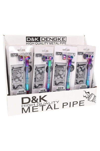 D&K branded counter display with 20 rainbow metallic bendy metal pipes on blister cards, each with five screens; retail smoke shop shelf-ready tray. D&K branded counter display with 20 rainbow metallic bendy metal pipes on blister cards, each with five screens; retail smoke shop shelf-ready tray.