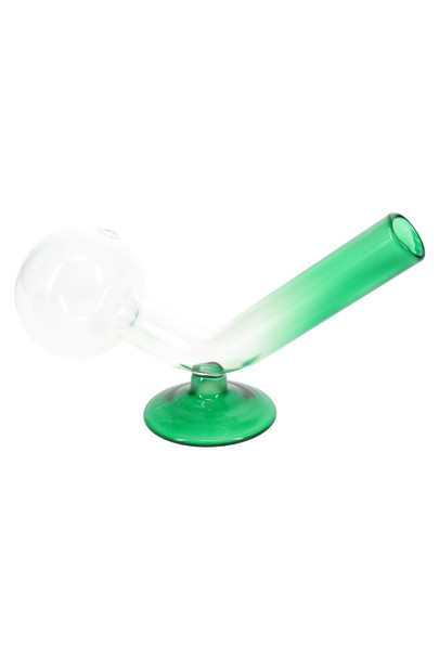 Green-and-clear glass oil burner pipe with suction base, side view for wholesale counter display stock.