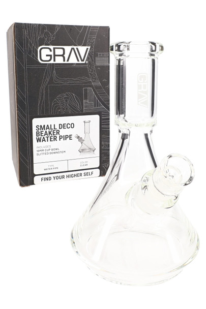 GRAV Small Deco Beaker water pipe beside retail box; clear 6.7" beaker with 10 mm cup bowl and diffuser downstem, front studio view for catalogs.