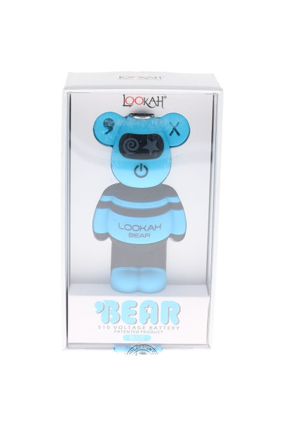 Blue Lookah Bear 510 battery boxed; soft-touch silicone and 510 connector visible; head-shop supplies front view.