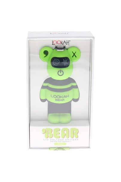Green Lookah Bear 510 battery boxed; “GREEN” label on insert; head-shop supplies product image, front view.
