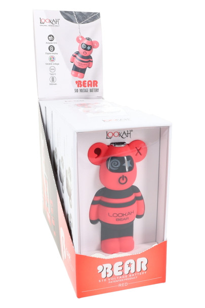Red Lookah Bear battery in open display carton; “RED” base label visible; retail counter POP, angled perspective. Red Lookah Bear battery in open display carton; “RED” base label visible; retail counter POP, angled perspective.