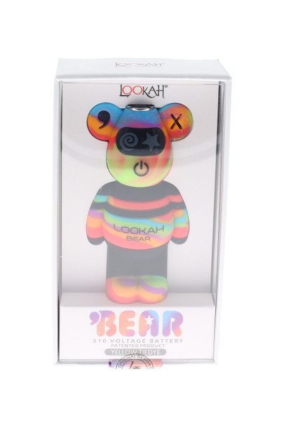 Yellow Tie Dye Lookah Bear 510 battery, 500 mAh in retail box; LED face shows voltage icons; soft-touch silicone, head-shop supplies front view.