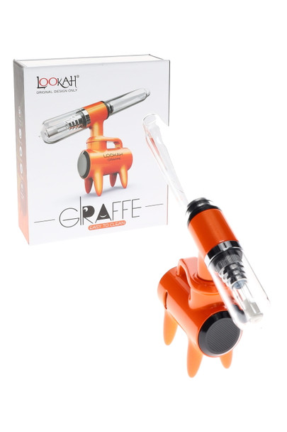 Orange Lookah Giraffe dab straw with box; angled 40° tip and magnetic cap detail; wholesale concentrate device studio angle.