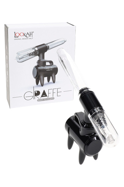 Black Lookah Giraffe electric dab straw with package; quartz coil in glass tube and USB-C port highlighted; retail smoke gear product image. Black Lookah Giraffe electric dab straw with package; quartz coil in glass tube and USB-C port highlighted; retail smoke gear product image.