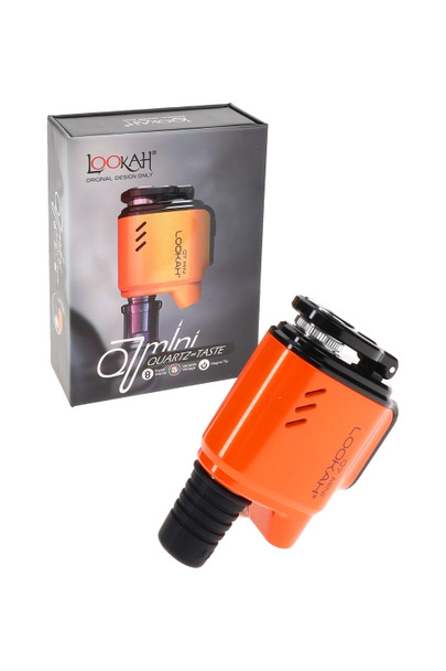 Orange Lookah Q7 Mini e-nail banger posed with packaging; compact body and carb cap latch visible; retail smoke gear, angled view.
