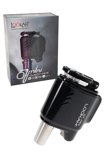 Black Lookah Q7 Mini 710 concentrate vaporizer with retail box, angled view—smoke shop inventory photo