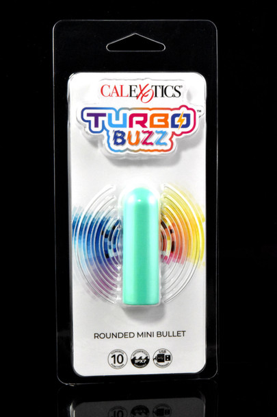 Mint green Turbo Buzz Rounded Mini Bullet on carded display; USB rechargeable IPX7 design with 10 functions, wholesale shelf-ready photo.