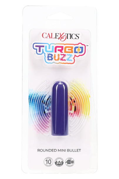 Purple Turbo Buzz Rounded Mini Bullet in retail blister pack; USB rechargeable IPX7 mini vibe with 10 modes, front angle for wholesale buyers. Purple Turbo Buzz Rounded Mini Bullet in retail blister pack; USB rechargeable IPX7 mini vibe with 10 modes, front angle for wholesale buyers.