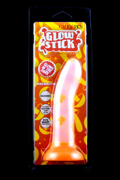 Glow Stick mushroom design silicone dildo in orange clamshell, suction base shown; wholesale retail packaging, front angle view.