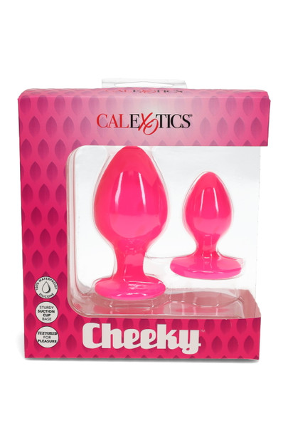 CalExotics Cheeky 2-plug set in hot pink silicone with suction bases, front of retail box for wholesale shop displays. CalExotics Cheeky 2-plug set in hot pink silicone with suction bases, front of retail box for wholesale shop displays.