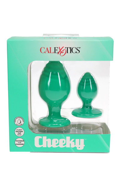 Cheeky 2-piece textured silicone plug set, teal/green variant, front-facing window box shot for head-shop merchandising. Cheeky 2-piece textured silicone plug set, teal/green variant, front-facing window box shot for head-shop merchandising.