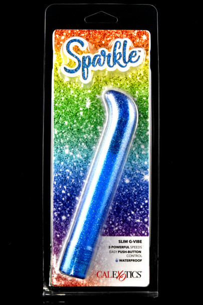 Blue glitter Sparkle Slim G-Vibe in blister card, wholesale front view; ABS plastic build, curved G-tip, 3-speed waterproof design.