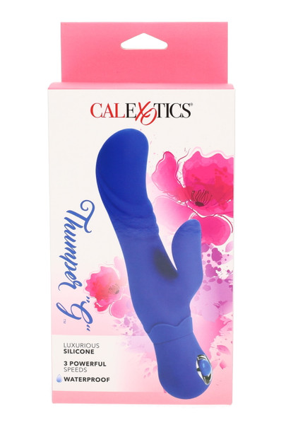 Blue Thumper “G” silicone G-spot vibe with petite stim arm, 3 speeds, waterproof; boxed for wholesale peg display, front view.