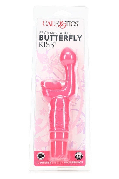 Pink Rechargeable Butterfly Kiss in hang-tab blister pack; 10-function IPX7 USB vibe with G-style tip and butterfly teaser; clear wholesale front view.