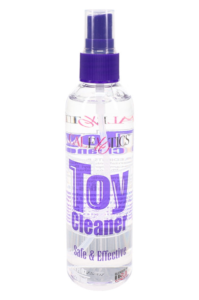 Clear CalExotics toy cleaner spray bottle with purple pump cap, front label—wholesale adult care accessory