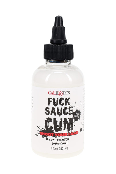 4 oz Fuck Sauce Cum scented water-based lubricant, white label bottle with black twist-tip cap, front view for wholesale adult retail.