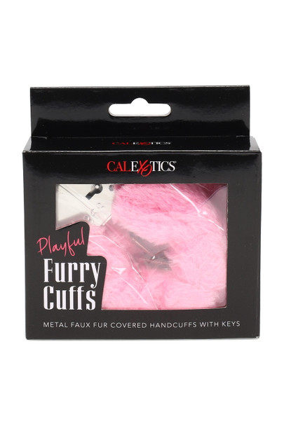CalExotics Playful Furry Cuffs retail box, pink faux fur over metal cuffs with keys, front-angle view—peg-ready wholesale adult boutique item.