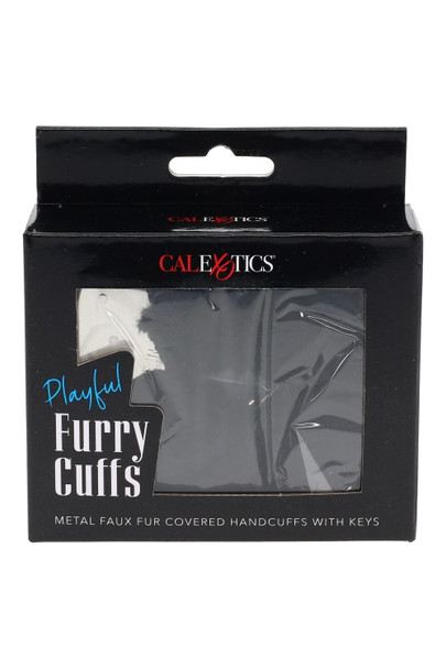 CalExotics Playful Furry Cuffs retail box, black faux fur over metal cuffs with keys, front-angle view—peg-ready wholesale adult boutique item.