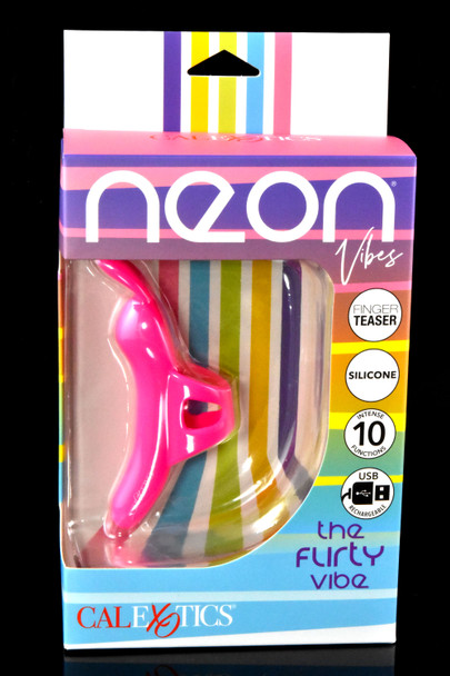 Neon Vibes The Flirty Vibe boxed on black background—hot pink silicone finger teaser, 10 functions, USB rechargeable; wholesale-ready angle.
