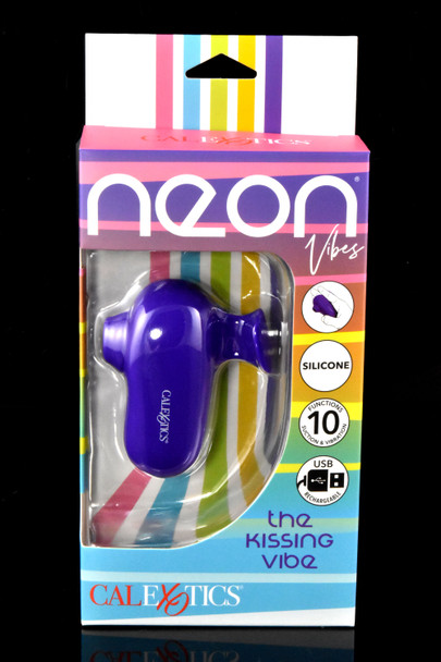 Purple silicone Neon Vibes Kissing Vibe in rainbow peg-ready box; USB rechargeable, IPX7, 10 modes suction & vibration—wholesale front packaging view.