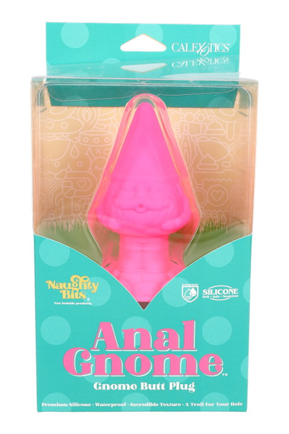 Teal Naughty Bits Anal Gnome retail box with hot pink silicone plug visible—wholesale adult novelty for displays