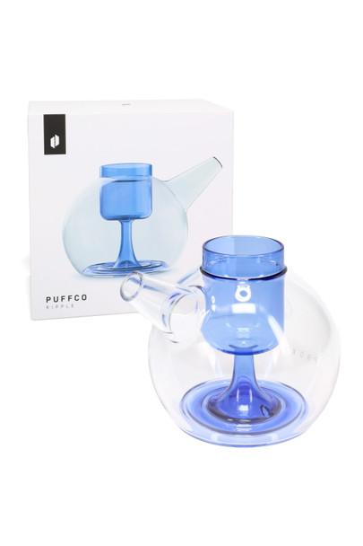Puffco Proxy Ripple in Sea with retail box, front three-quarter angle; glass bubbler only for wholesale Proxy accessory sales.