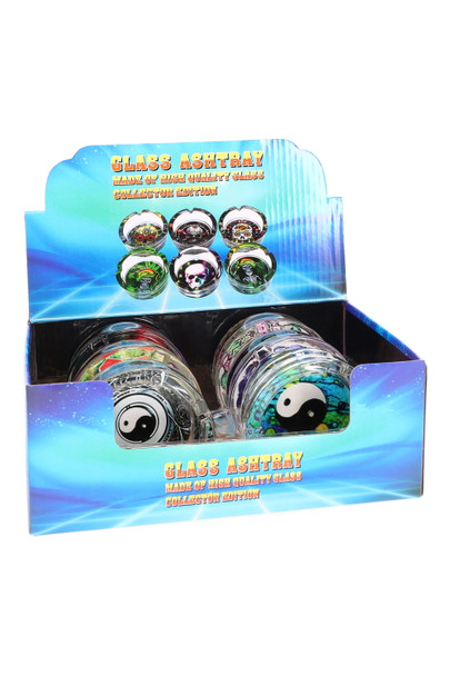 Shelf-ready box of six glass ashtrays for bulk orders, blue display tray with yin-yang graphic, front view Shelf-ready box of six glass ashtrays for bulk orders, blue display tray with yin-yang graphic, front view