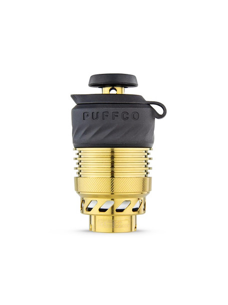 Standalone gold 3D XL Chamber with black XL Joystick Cap, straight-on cutout; high-capacity Peak Pro part for retail smoke gear catalogs.