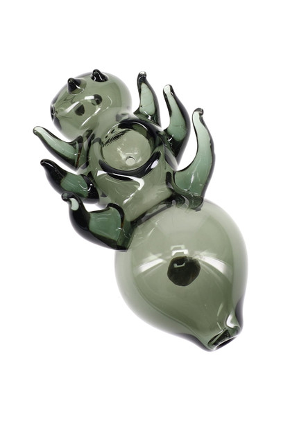Head-shop wholesale 4.5" smoke-colored glass bug pipe, bowl-up view with applied legs and eyes, glossy finish, centered three-quarter angle. Head-shop wholesale 4.5" smoke-colored glass bug pipe, bowl-up view with applied legs and eyes, glossy finish, centered three-quarter angle.