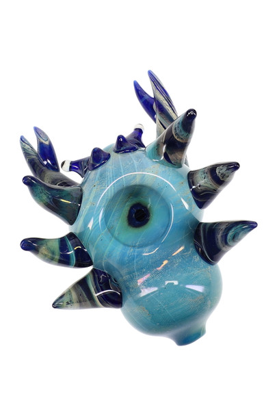 Head-shop supplies 4" silver-fumed frit glass crab pipe, top view showing bowl and legs, blue colorway with color-changing finish on white.