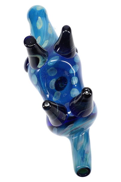 Wholesale 5" silver-fumed bubble-dot rhino glass pipe, blue variant top view with raised dots and mouthpiece, studio shot for retail listings.