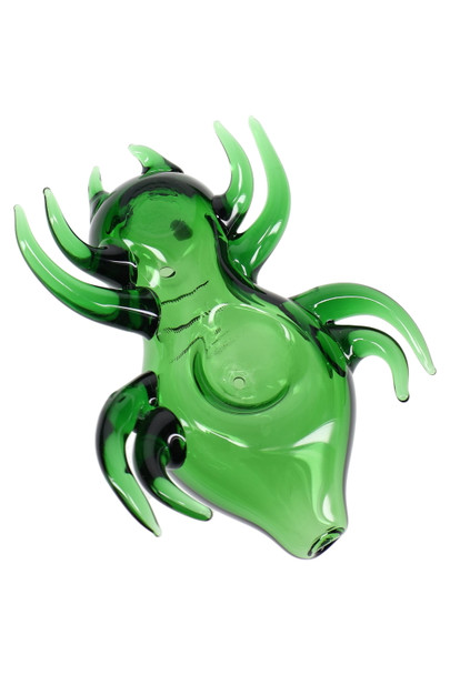 Head-shop supplies 4.5" green colored glass spider pipe, bowl-up view with curled legs and glossy finish, clean three-quarter studio angle.