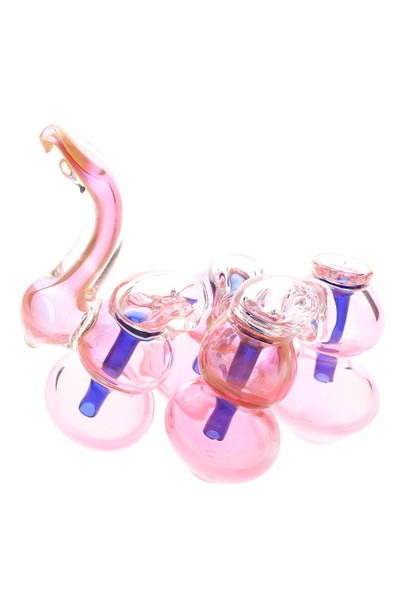 6" gold-fumed quadruple-chamber sherlock bubbler with blue stems, pink hue; wholesale head-shop glass shown front angle on white background.