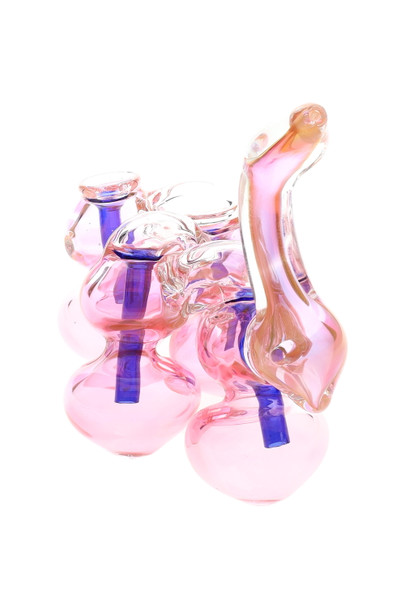 Side view of 6" gold-fumed four-chamber sherlock bubbler, curved mouthpiece and blue internal stems; retail smoke-shop showcase piece.