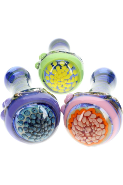 Bottom view of 4.5" color-changing gold-fumed spoons showing dotted bowl features in yellow, blue, and peach, studio close-up for retail smoke gear.